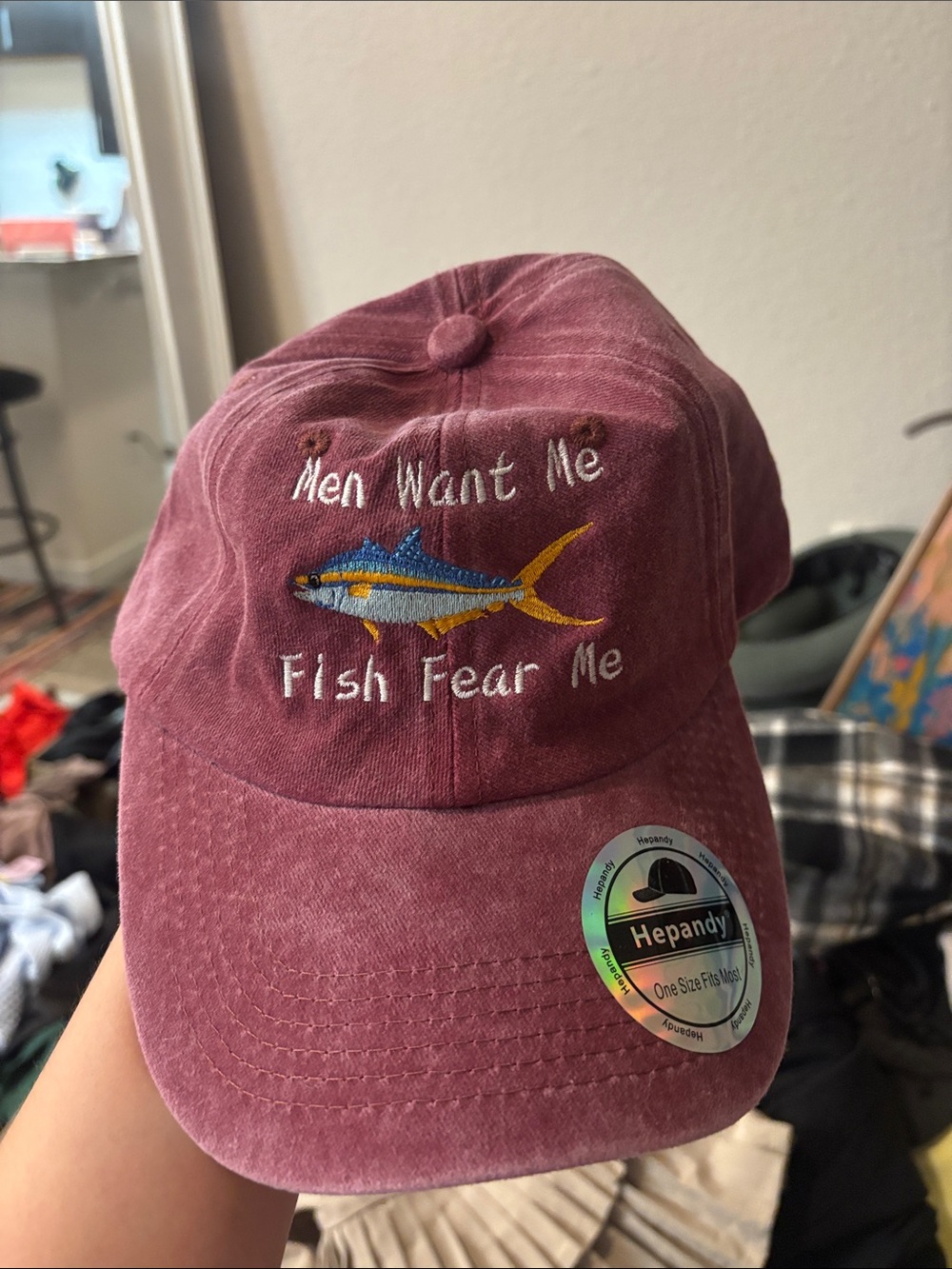 Burgundy Fish Embroidered Cap - 'Men Want Me, Fish Fear Me'